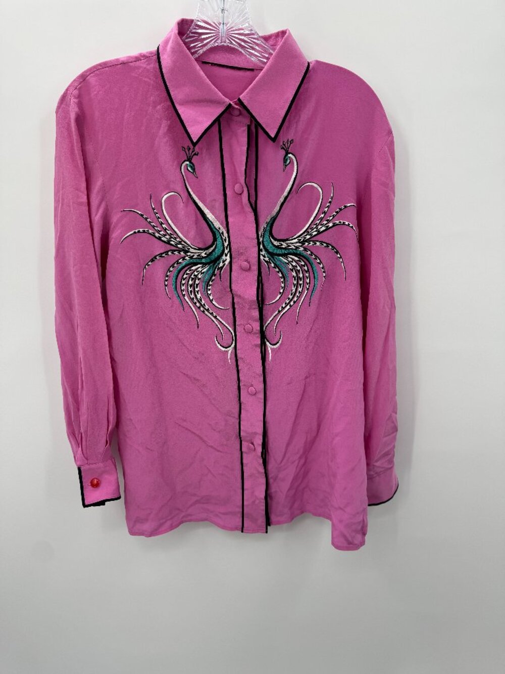 Vintage Bob Mackie Wearable Art Silk Blouse 90s Embroidered Peacock Western Pink